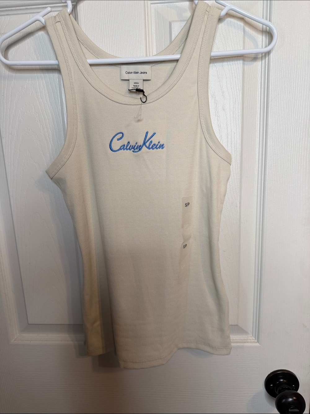 Calvin Klein Cream Ribbed Tank with Blue Script Logo